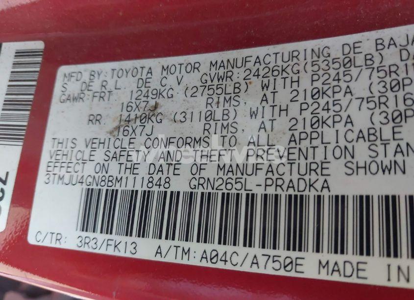 Photo 9 of 2011 Toyota Tacoma DOUBLE CAB PRERUNNER (VIN 3TMJU4GN8BM111848)