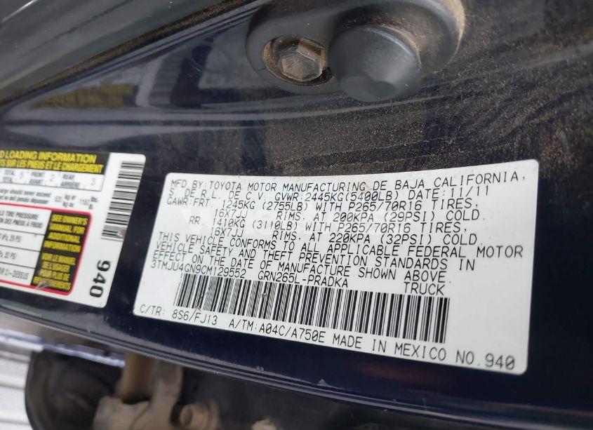 Photo 9 of 2012 Toyota Tacoma DOUBLE CAB PRERUNNER (VIN 3TMJU4GN9CM129552)