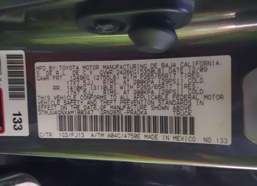 Photo 9 of 2010 Toyota Tacoma DOUBLE CAB PRERUNNER (VIN 3TMJU4GNXAM100347)