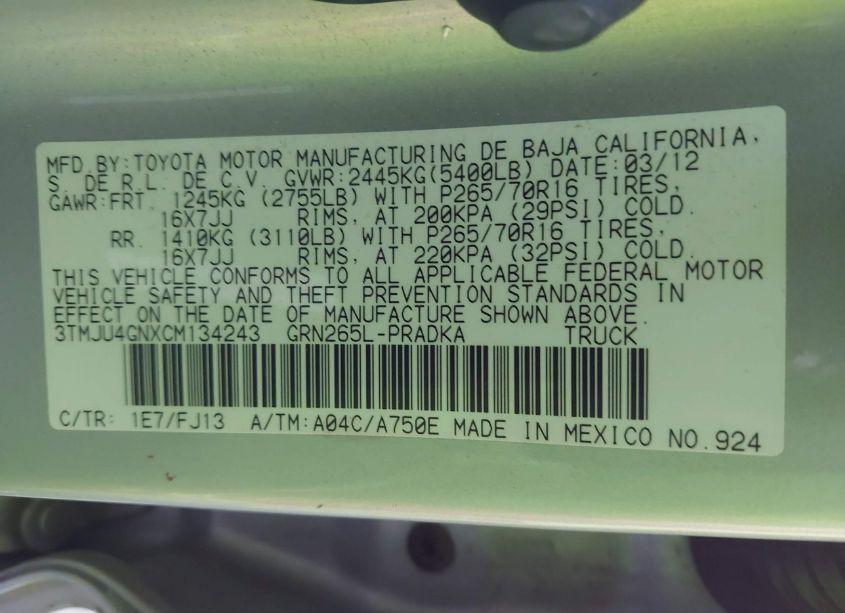 Photo 9 of 2012 Toyota Tacoma DOUBLE CAB PRERUNNER (VIN 3TMJU4GNXCM134243)