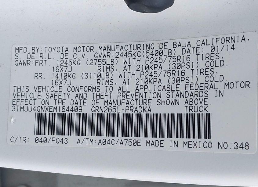 Photo 9 of 2014 Toyota Tacoma PRERUNNER V6 (VIN 3TMJU4GNXEM164409)