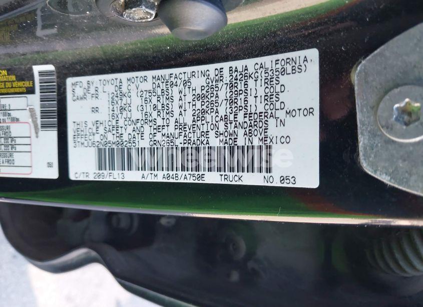 Photo 9 of 2005 Toyota Tacoma DOUBLE CAB PRERUNNER (VIN 3TMJU62N05M002551)