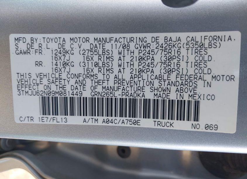 Photo 9 of 2009 Toyota Tacoma PRERUNNER V6 (VIN 3TMJU62N09M081449)