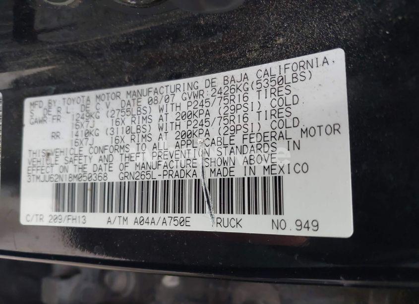 Photo 9 of 2008 Toyota Tacoma PRERUNNER V6 (VIN 3TMJU62N18M050368)