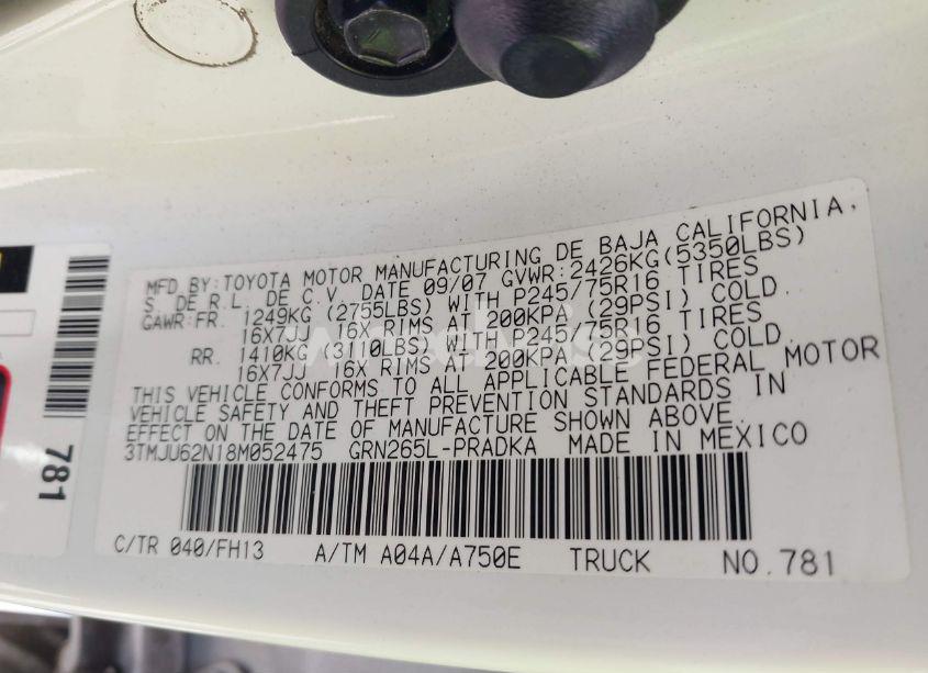 Photo 9 of 2008 Toyota Tacoma PRERUNNER V6 (VIN 3TMJU62N18M052475)