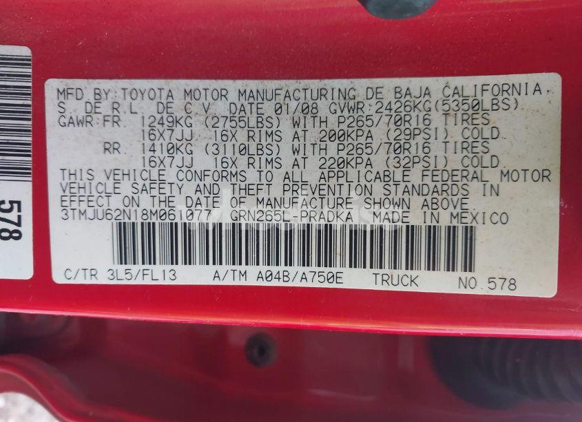 Photo 9 of 2008 Toyota Tacoma DOUBLE CAB PRERUNNER (VIN 3TMJU62N18M061077)