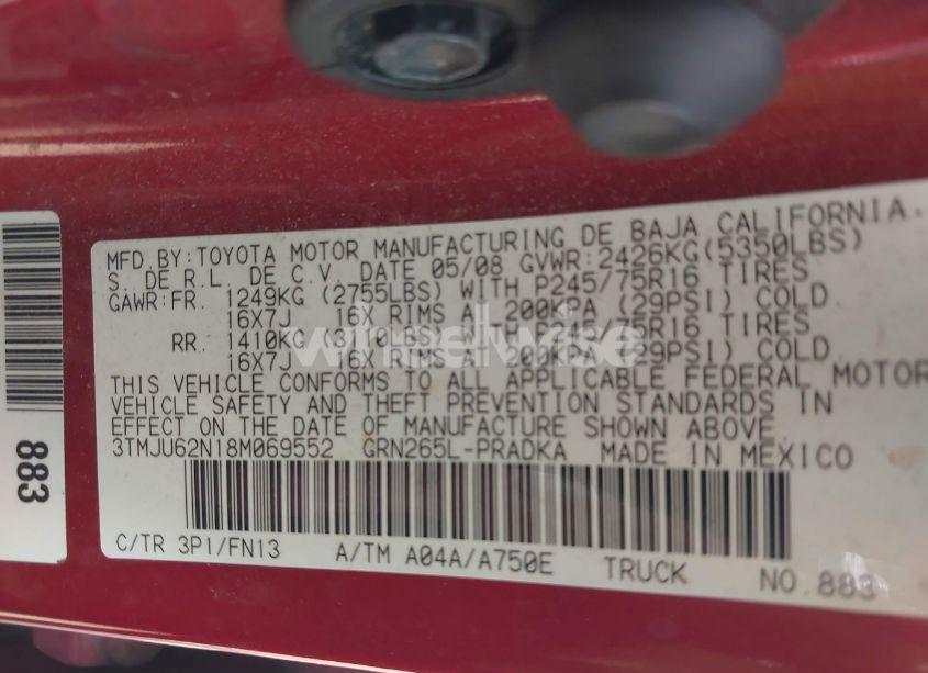 Photo 9 of 2008 Toyota Tacoma PRERUNNER V6 (VIN 3TMJU62N18M069552)