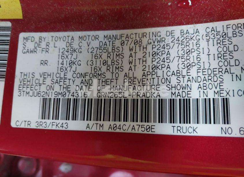 Photo 9 of 2009 Toyota Tacoma PRERUNNER V6 (VIN 3TMJU62N19M074316)