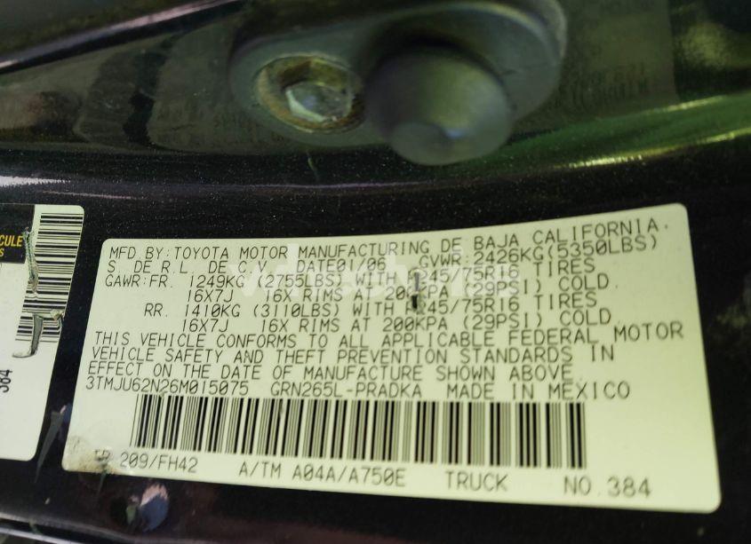 Photo 9 of 2006 Toyota Tacoma PRERUNNER V6 (VIN 3TMJU62N26M015075)