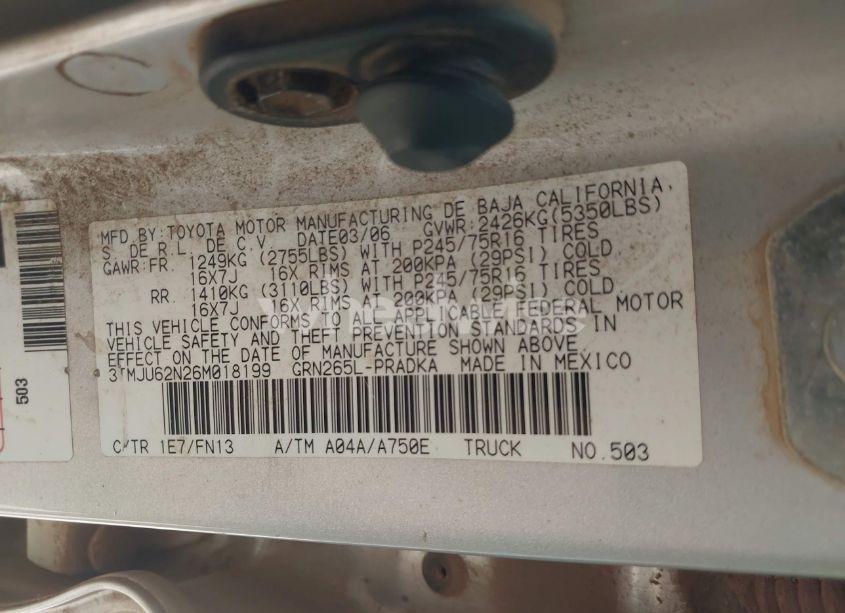Photo 9 of 2006 Toyota Tacoma PRERUNNER (VIN 3TMJU62N26M018199)