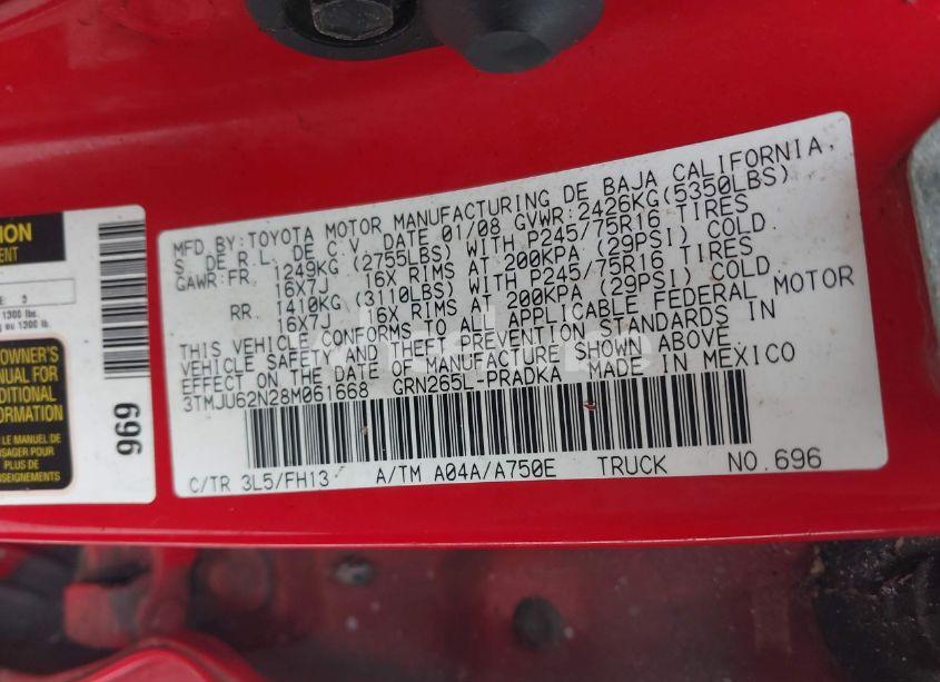 Photo 9 of 2008 Toyota Tacoma PRERUNNER V6 (VIN 3TMJU62N28M061668)