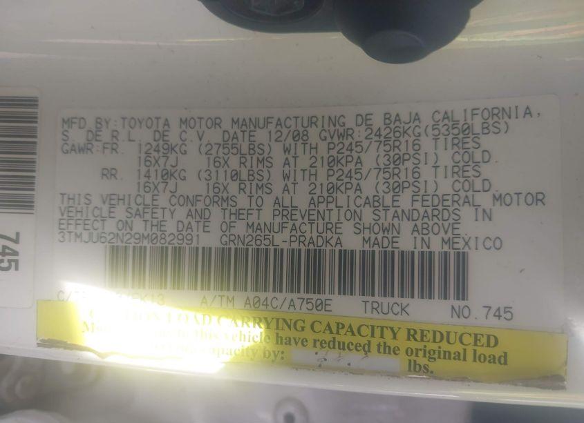 Photo 9 of 2009 Toyota Tacoma PRERUNNER V6 (VIN 3TMJU62N29M082991)