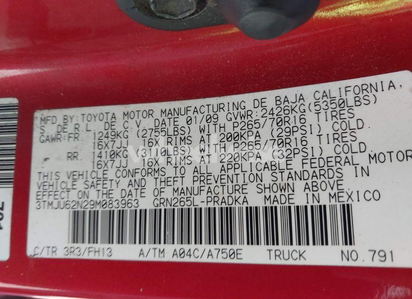 Photo 9 of 2009 Toyota Tacoma DOUBLE CAB PRERUNNER (VIN 3TMJU62N29M083963)