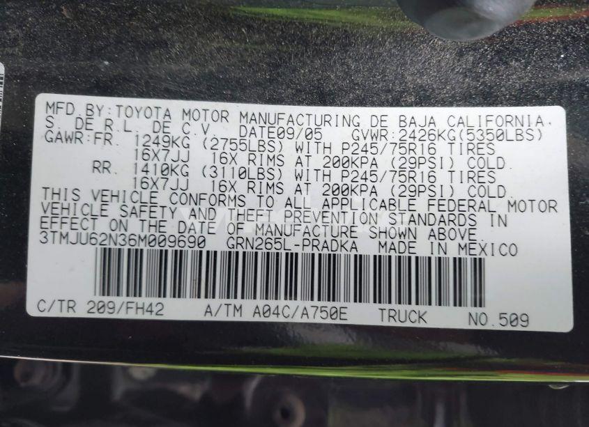 Photo 9 of 2006 Toyota Tacoma PRERUNNER V6 (VIN 3TMJU62N36M009690)