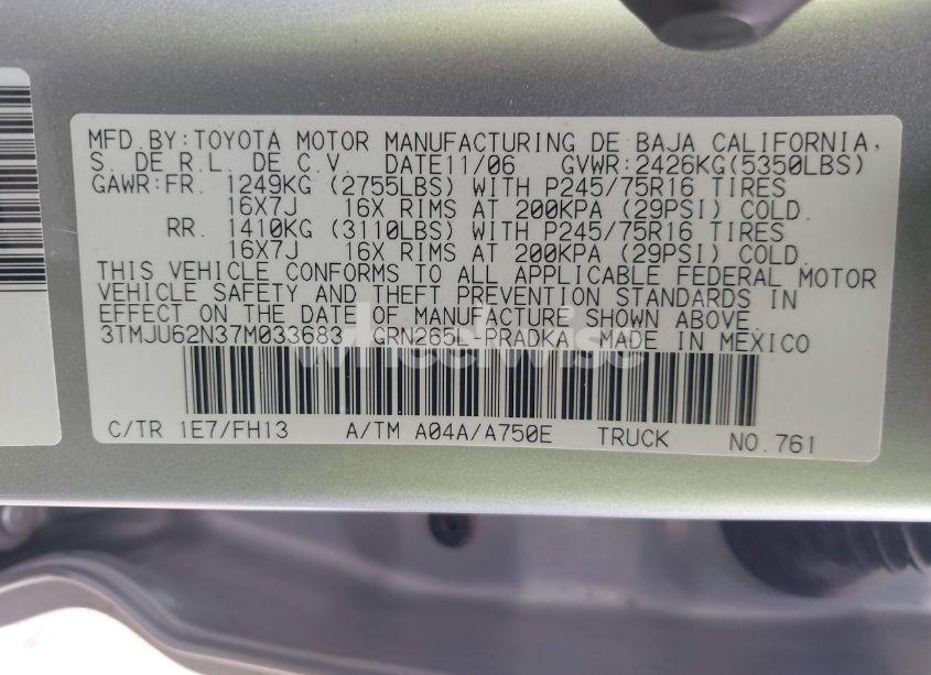 Photo 9 of 2007 Toyota Tacoma PRERUNNER V6 (VIN 3TMJU62N37M033683)