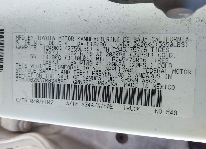 Photo 9 of 2007 Toyota Tacoma PRERUNNER V6 (VIN 3TMJU62N37M034896)