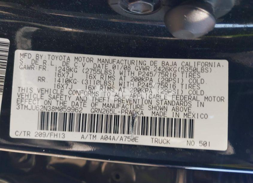 Photo 9 of 2008 Toyota Tacoma PRERUNNER V6 (VIN 3TMJU62N38M059962)
