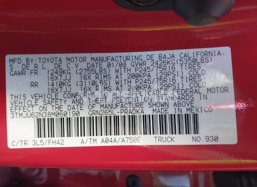 Photo 9 of 2008 Toyota Tacoma PRERUNNER V6 (VIN 3TMJU62N38M060190)