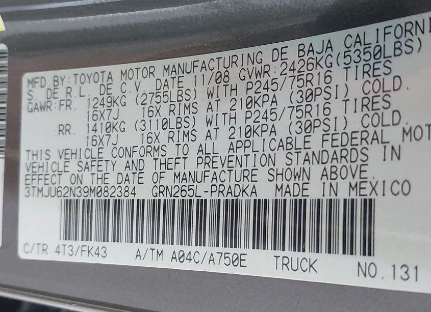 Photo 9 of 2009 Toyota Tacoma PRERUNNER V6 (VIN 3TMJU62N39M082384)