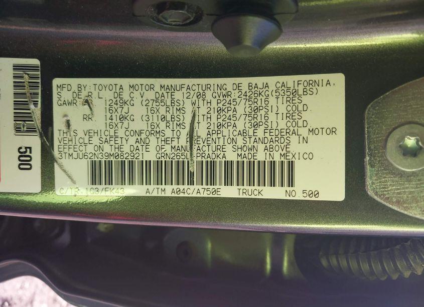 Photo 9 of 2009 Toyota Tacoma PRERUNNER V6 (VIN 3TMJU62N39M082921)