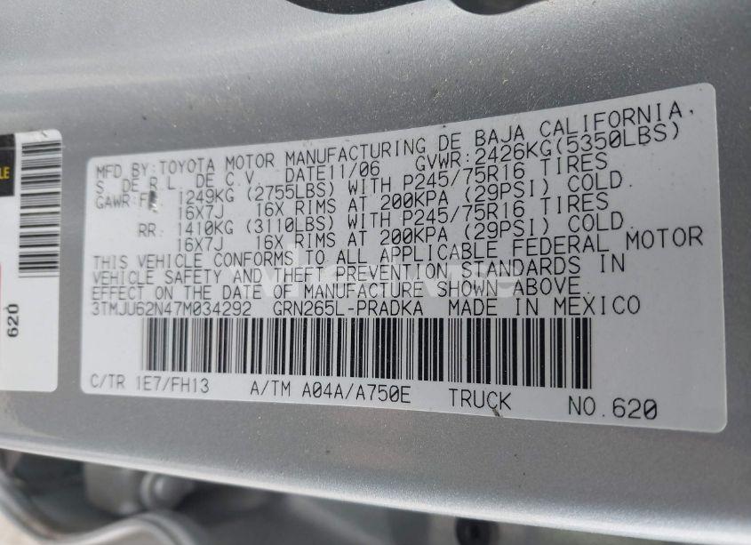 Photo 9 of 2007 Toyota Tacoma PRERUNNER V6 (VIN 3TMJU62N47M034292)