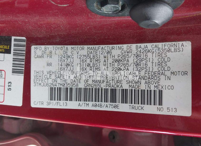 Photo 9 of 2007 Toyota Tacoma DOUBLE CAB PRERUNNER (VIN 3TMJU62N47M035958)