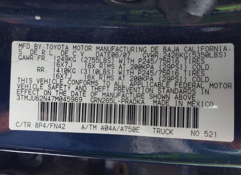Photo 9 of 2007 Toyota Tacoma PRERUNNER V6 (VIN 3TMJU62N47M045969)