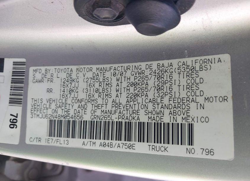 Photo 9 of 2008 Toyota Tacoma DOUBLE CAB PRERUNNER (VIN 3TMJU62N48M054656)