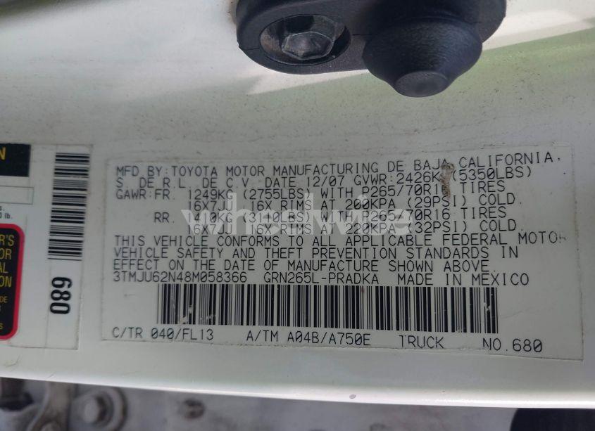 Photo 9 of 2008 Toyota Tacoma PRERUNNER V6 (VIN 3TMJU62N48M058366)