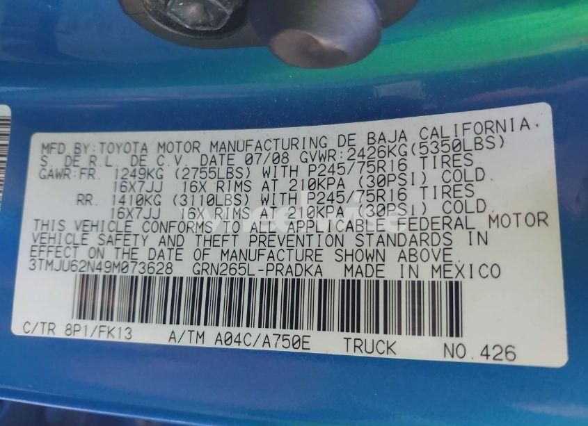 Photo 9 of 2009 Toyota Tacoma PRERUNNER V6 (VIN 3TMJU62N49M073628)