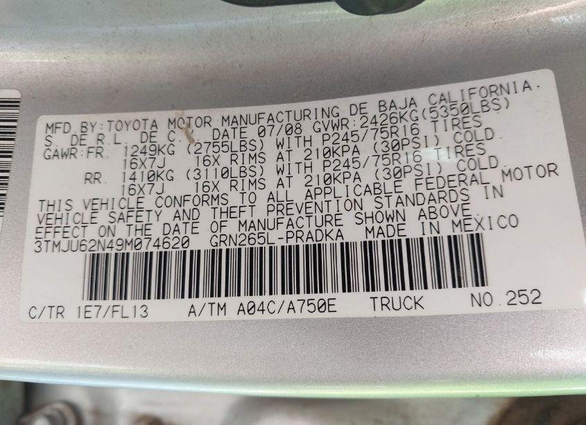 Photo 9 of 2009 Toyota Tacoma PRERUNNER V6 (VIN 3TMJU62N49M074620)