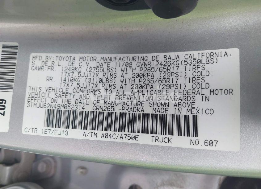 Photo 9 of 2009 Toyota Tacoma DOUBLE CAB PRERUNNER (VIN 3TMJU62N49M082314)