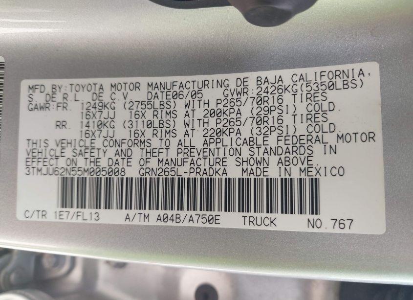 Photo 9 of 2005 Toyota Tacoma DOUBLE CAB PRERUNNER (VIN 3TMJU62N55M005008)