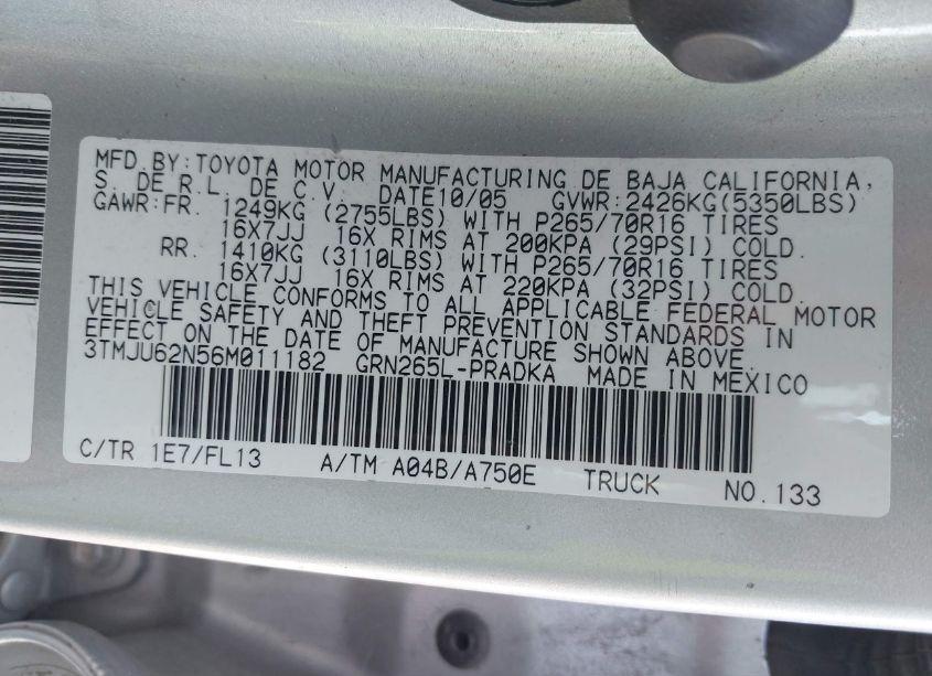 Photo 9 of 2006 Toyota Tacoma PRERUNNER V6 (VIN 3TMJU62N56M011182)