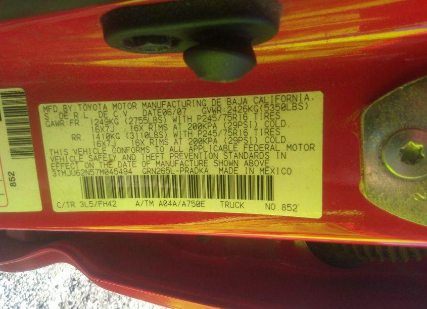 Photo 9 of 2007 Toyota Tacoma PRERUNNER V6 (VIN 3TMJU62N57M045494)