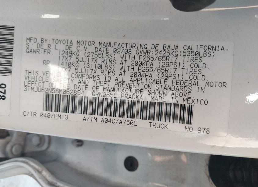 Photo 9 of 2008 Toyota Tacoma DOUBLE CAB PRERUNNER (VIN 3TMJU62N58M062894)