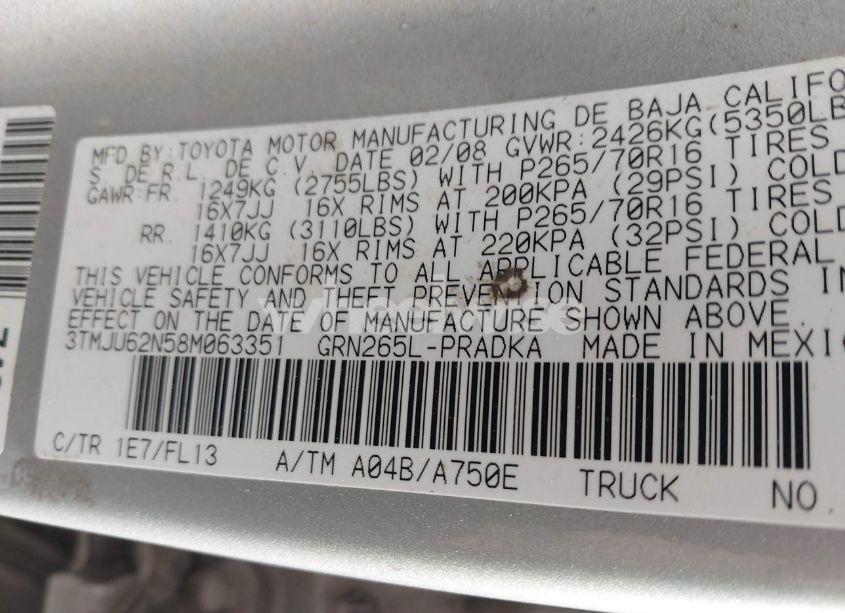 Photo 9 of 2008 Toyota Tacoma DOUBLE CAB PRERUNNER (VIN 3TMJU62N58M063351)