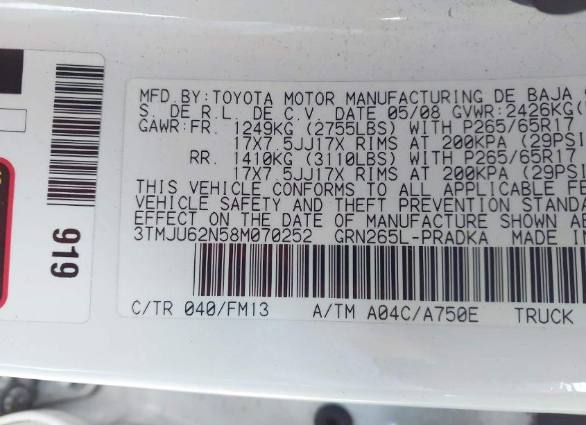 Photo 9 of 2008 Toyota Tacoma DOUBLE CAB PRERUNNER (VIN 3TMJU62N58M070252)