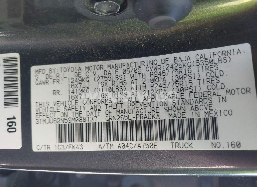 Photo 9 of 2009 Toyota Tacoma PRERUNNER V6 (VIN 3TMJU62N59M088137)