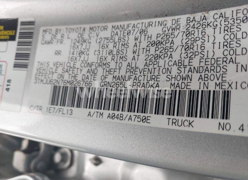 Photo 9 of 2006 Toyota Tacoma DOUBLE CAB PRERUNNER (VIN 3TMJU62N76M026766)