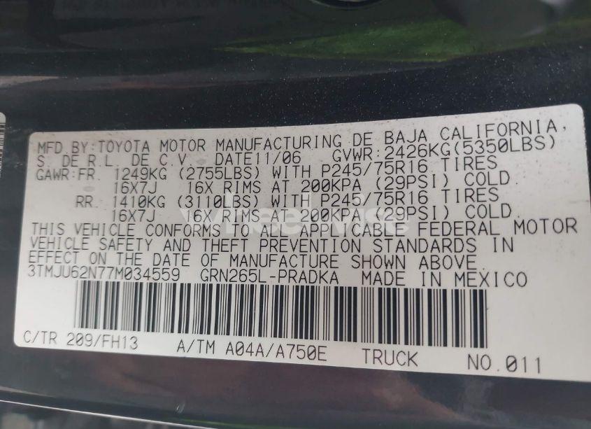 Photo 9 of 2007 Toyota Tacoma PRERUNNER V6 (VIN 3TMJU62N77M034559)