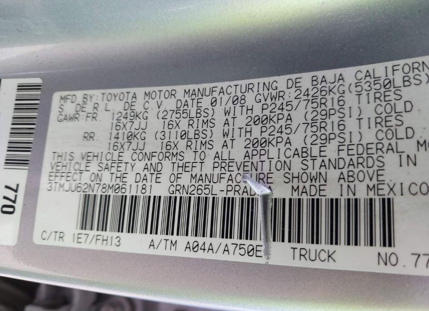 Photo 9 of 2008 Toyota Tacoma PRERUNNER V6 (VIN 3TMJU62N78M061181)