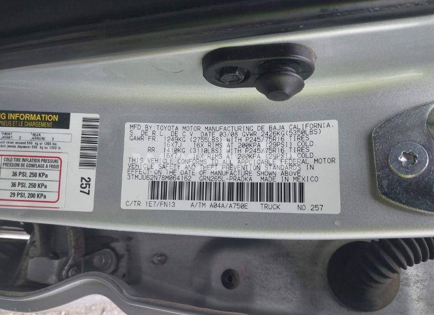 Photo 9 of 2008 Toyota Tacoma PRERUNNER V6 (VIN 3TMJU62N78M064162)