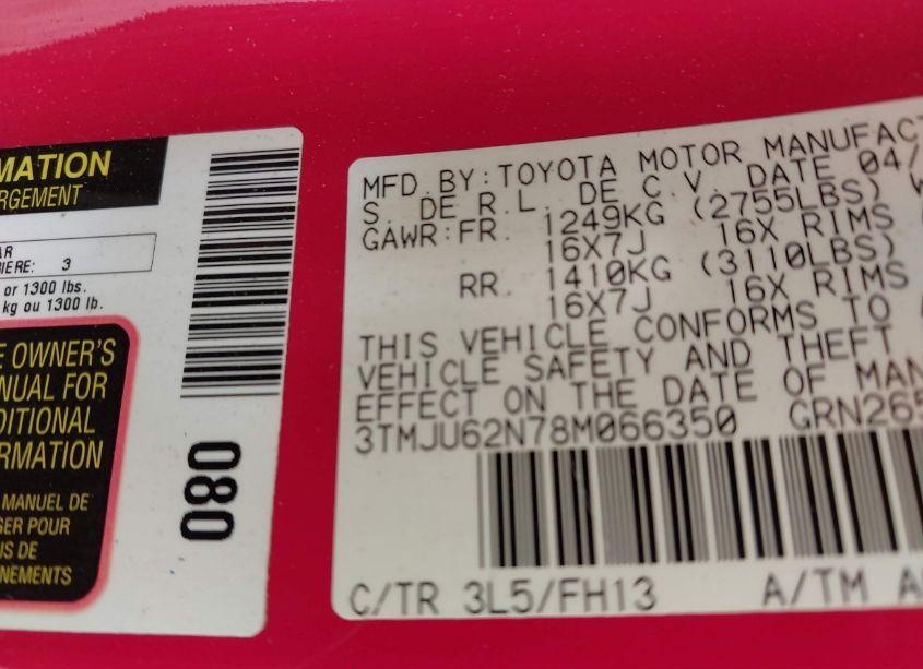 Photo 9 of 2008 Toyota Tacoma PRERUNNER V6 (VIN 3TMJU62N78M066350)