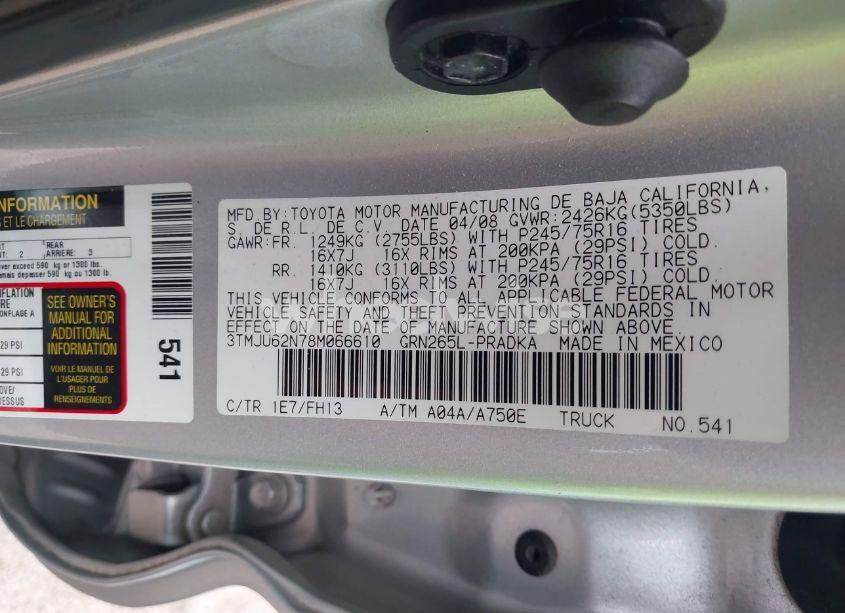 Photo 9 of 2008 Toyota Tacoma PRERUNNER V6 (VIN 3TMJU62N78M066610)