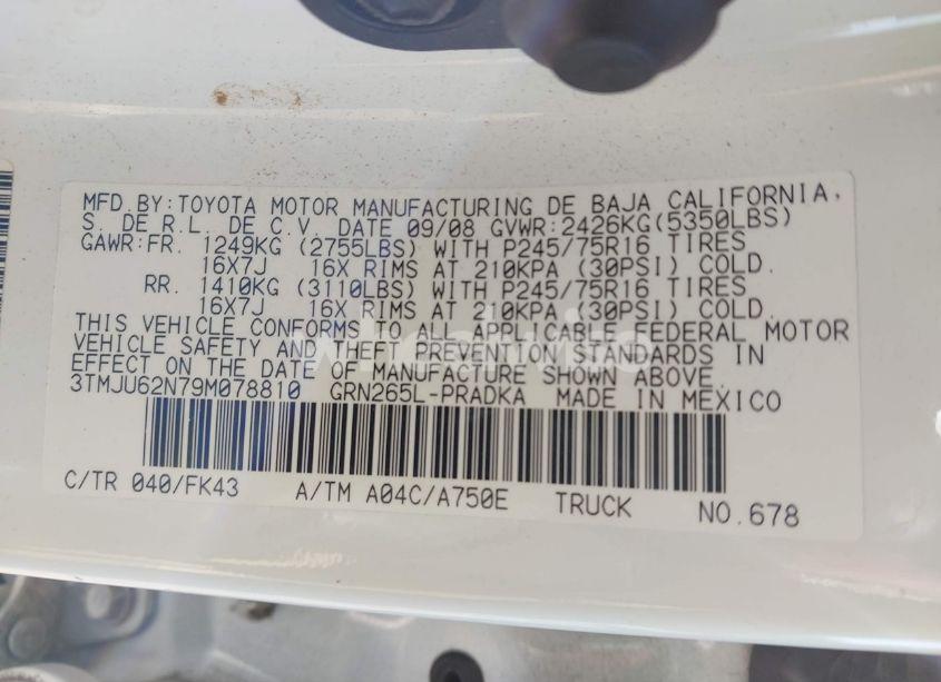 Photo 9 of 2009 Toyota Tacoma PRERUNNER V6 (VIN 3TMJU62N79M078810)