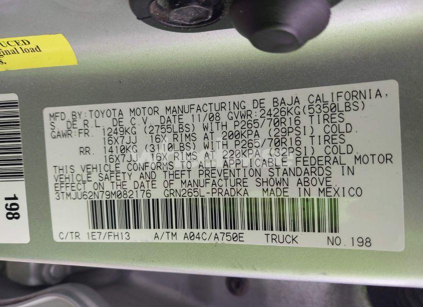 Photo 9 of 2009 Toyota Tacoma PRERUNNER V6 (VIN 3TMJU62N79M082176)