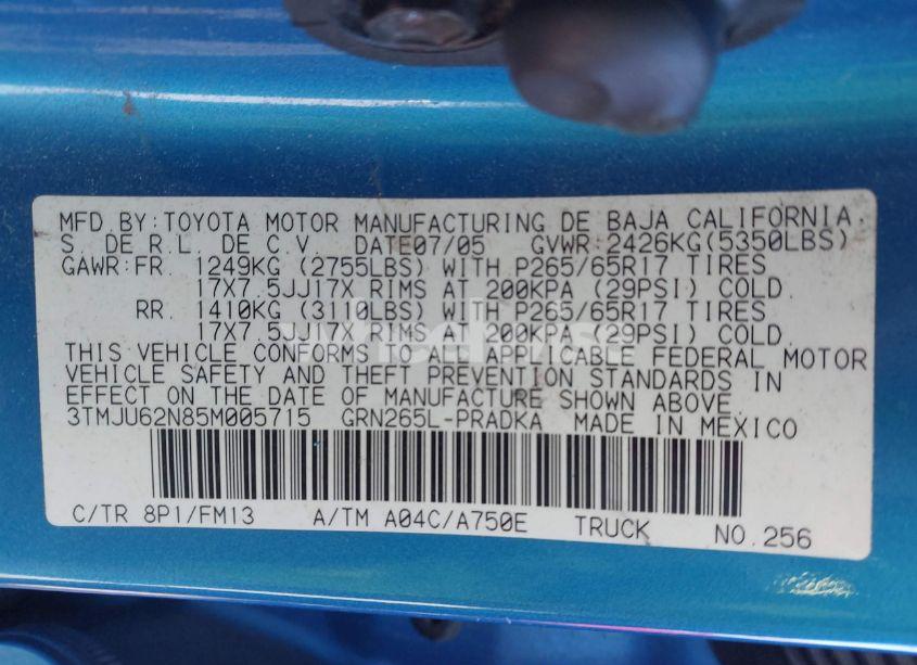 Photo 9 of 2005 Toyota Tacoma DOUBLE CAB PRERUNNER (VIN 3TMJU62N85M005715)