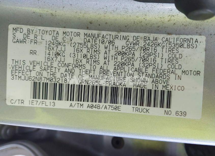 Photo 9 of 2007 Toyota Tacoma DOUBLE CAB PRERUNNER (VIN 3TMJU62N87M032187)