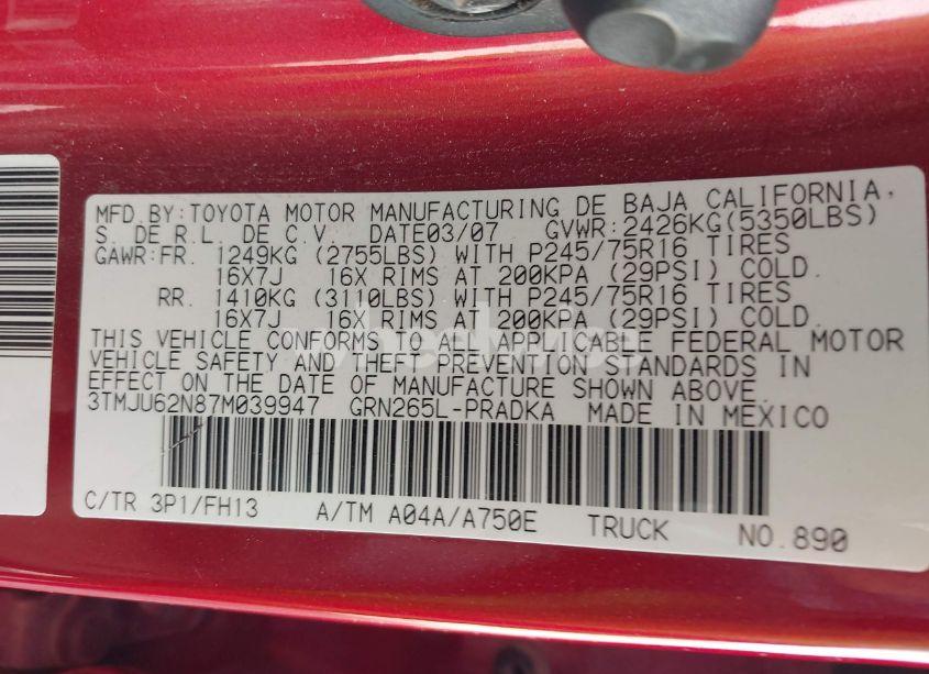 Photo 9 of 2007 Toyota Tacoma PRERUNNER V6 (VIN 3TMJU62N87M039947)